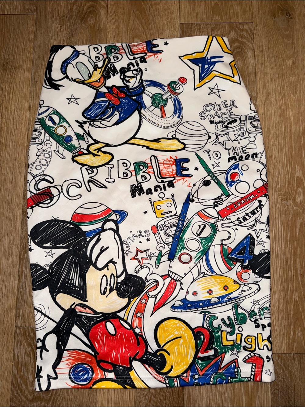 Disney Mickey & Donald Scribble Print Pencil Skirt - White Multicolor